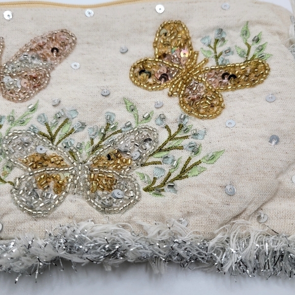 Fringe Beaded Sequins Tassle Cream Makeup Bag or Clutch Metallic Cotton Linen - Picture 4 of 9